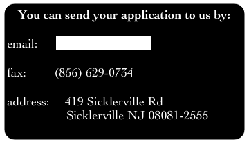 You can send your application to us by:
   
email:      Apps@Mainlandfi.Com 

fax:         (856) 629-0734

address:     419 Sicklerville Rd
                   Sicklerville NJ 08081-2555
